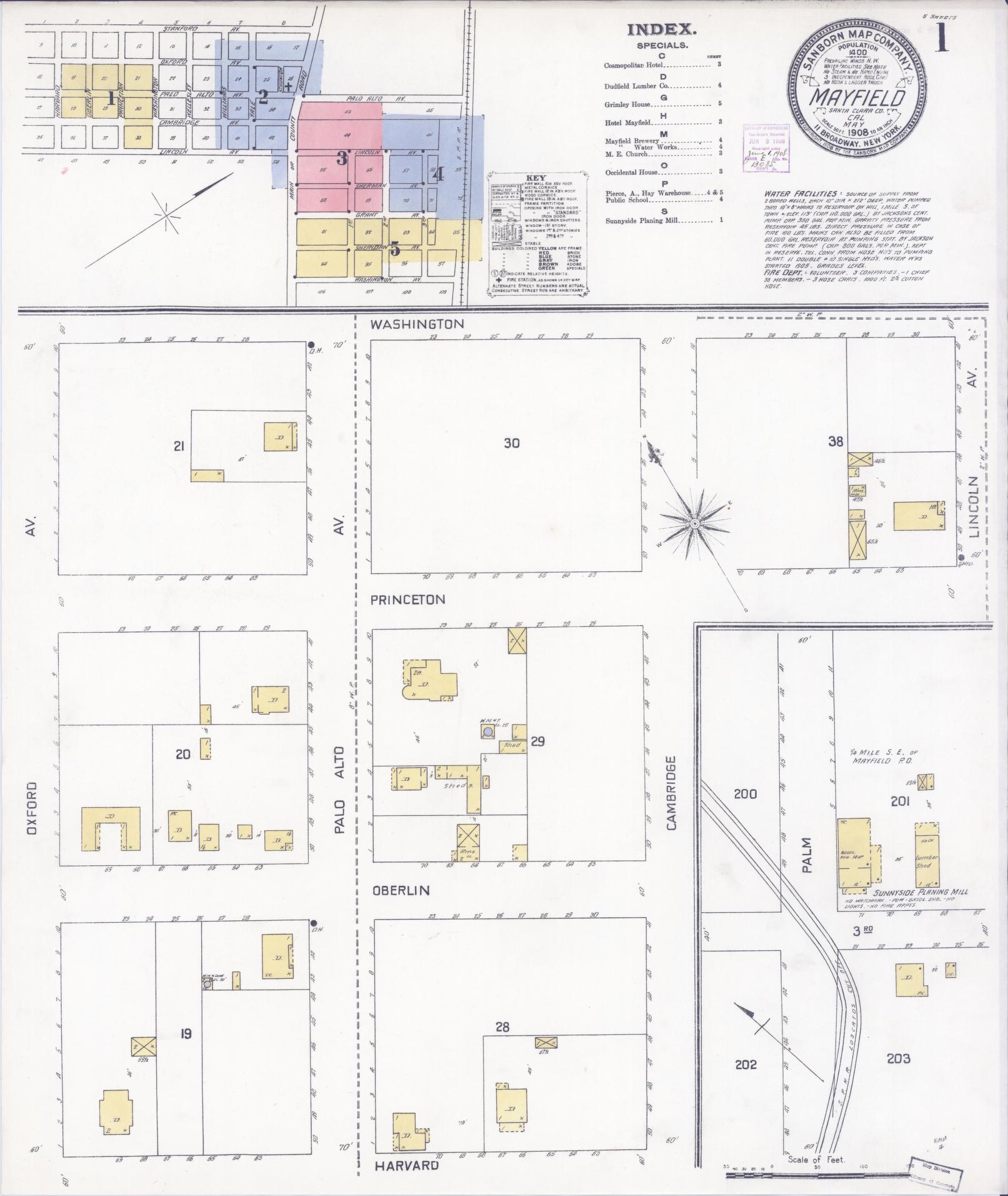 Sanborn Fire Insurance Map from Mayfield, Santa Clara County, California (1908), Sheet #0001 - Historic Sanborn Fire Insurance Map Print, vintage old map wall art, antique decor, genealogy gift, California California map