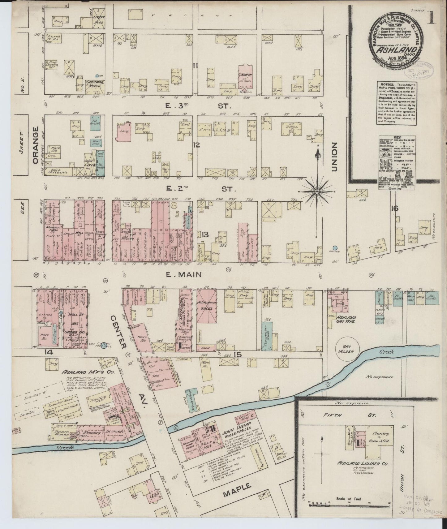 Sanborn Fire Insurance Map from Ashland, Ashland County, Ohio (1884), Sheet #0001 - Historic Sanborn Fire Insurance Map Print, vintage old map wall art, antique decor, genealogy gift, Ohio Ohio map