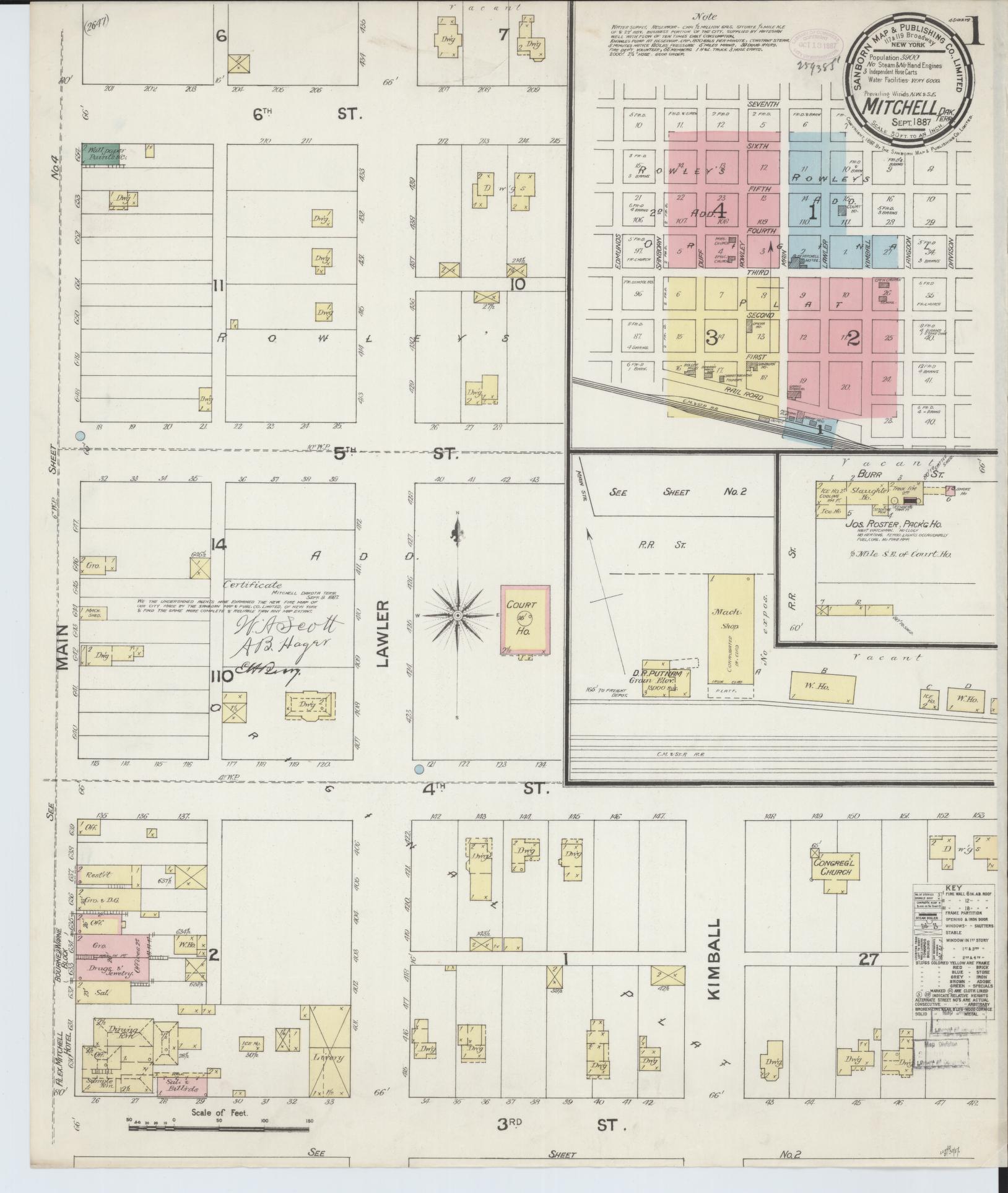 Sanborn Fire Insurance Map from Mitchell, Davison County, South Dakota (1887), Sheet #0001 - Historic Sanborn Fire Insurance Map Print, vintage old map wall art, antique decor, genealogy gift, South Dakota South Dakota map