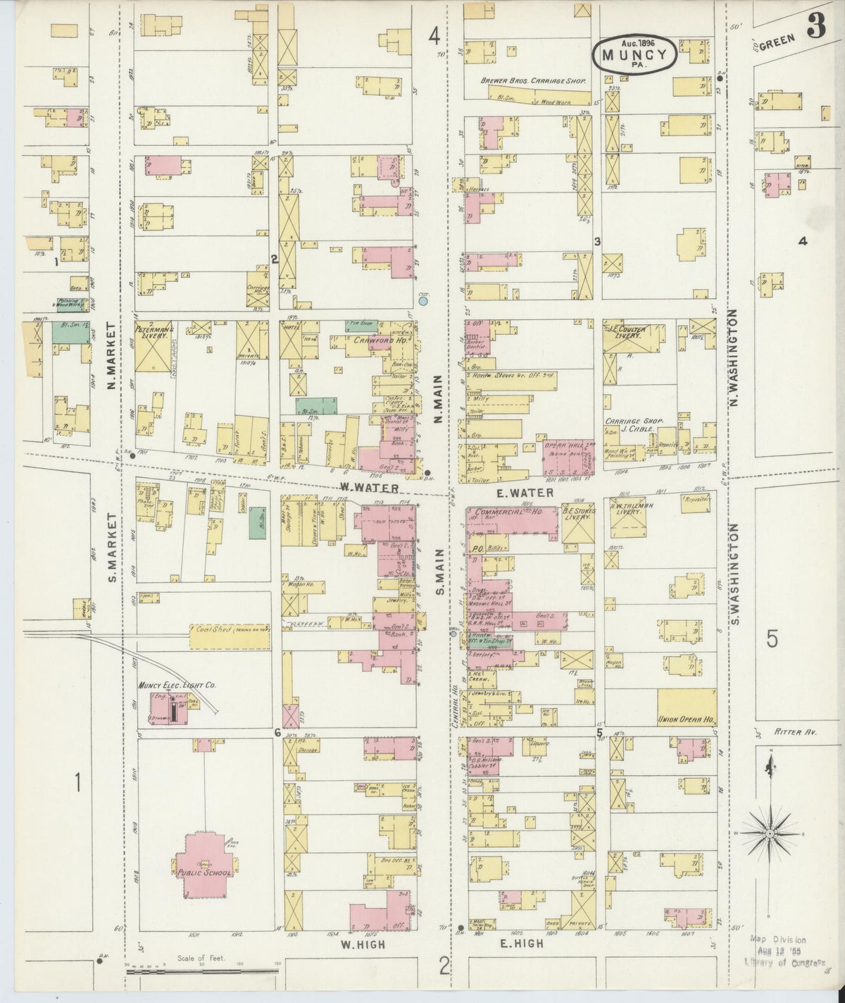 Sanborn Fire Insurance Map from Muncy, Lycoming County, Pennsylvania (1896), Sheet #0003 - Historic Sanborn Fire Insurance Map Print, vintage old map wall art, antique decor, genealogy gift, Pennsylvania Pennsylvania map