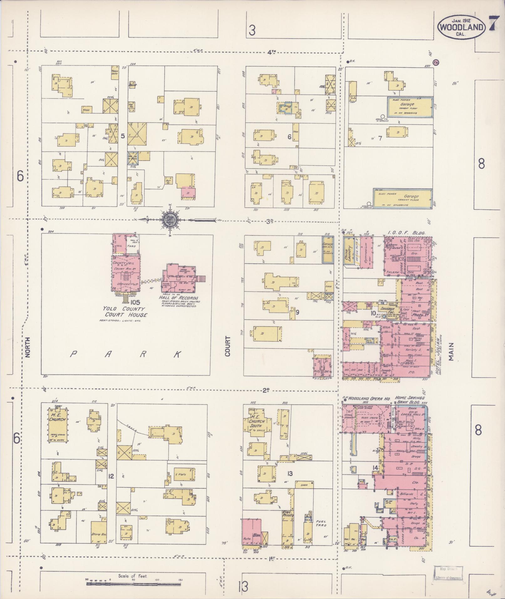 Sanborn Fire Insurance Map from Woodland, Yolo County, California (1912), Sheet #0007 - Complete Map Set gallery image, historic Sanborn map, vintage wall art, California California
