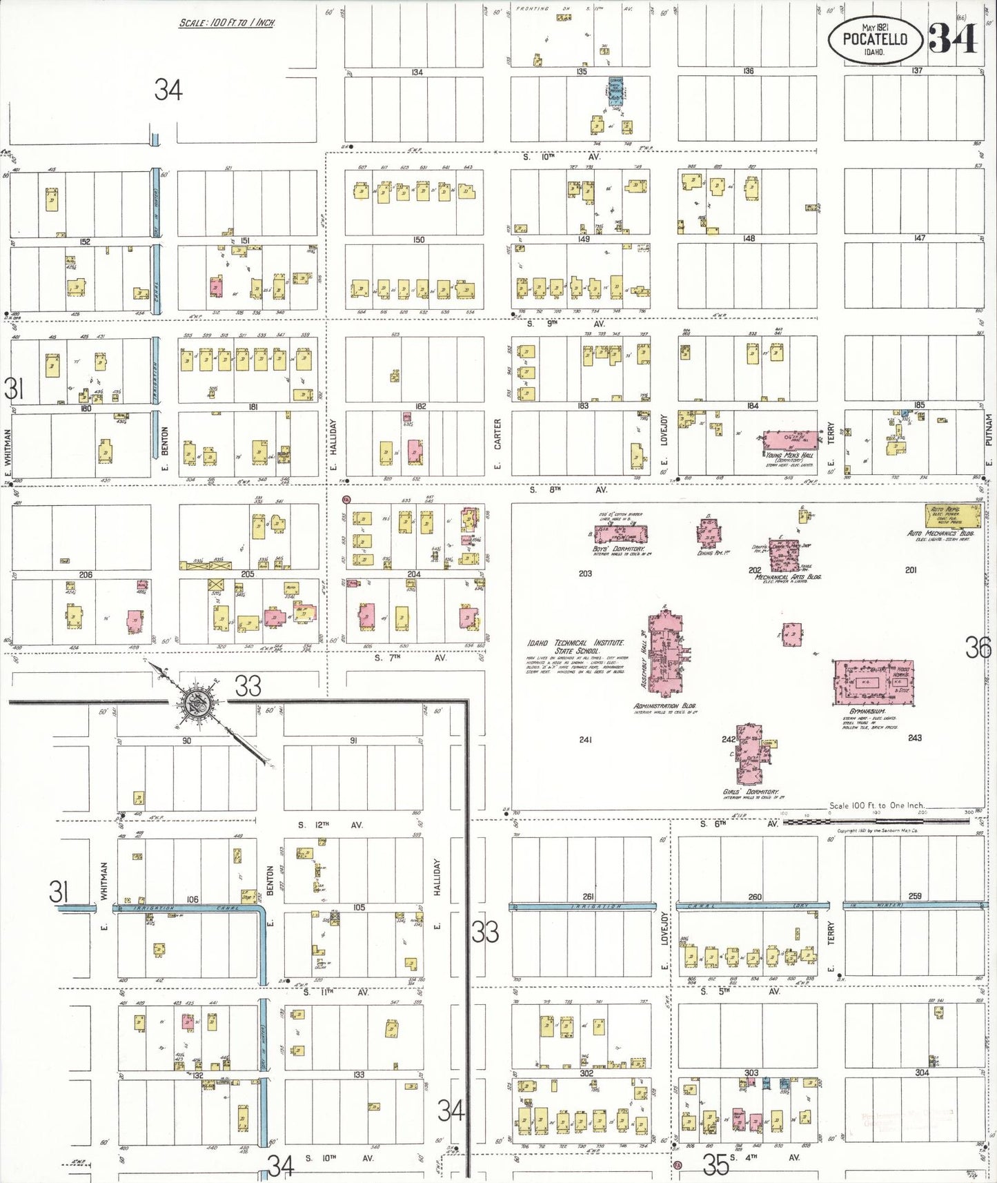 Sanborn Fire Insurance Map from Pocatello, Bannock County, Idaho (1921), Sheet #0034 - Historic Sanborn Fire Insurance Map Print, vintage old map wall art, antique decor, genealogy gift, Idaho Idaho map