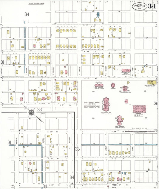 Sanborn Fire Insurance Map from Pocatello, Bannock County, Idaho (1921), Sheet #0034 - Historic Sanborn Fire Insurance Map Print, vintage old map wall art, antique decor, genealogy gift, Idaho Idaho map