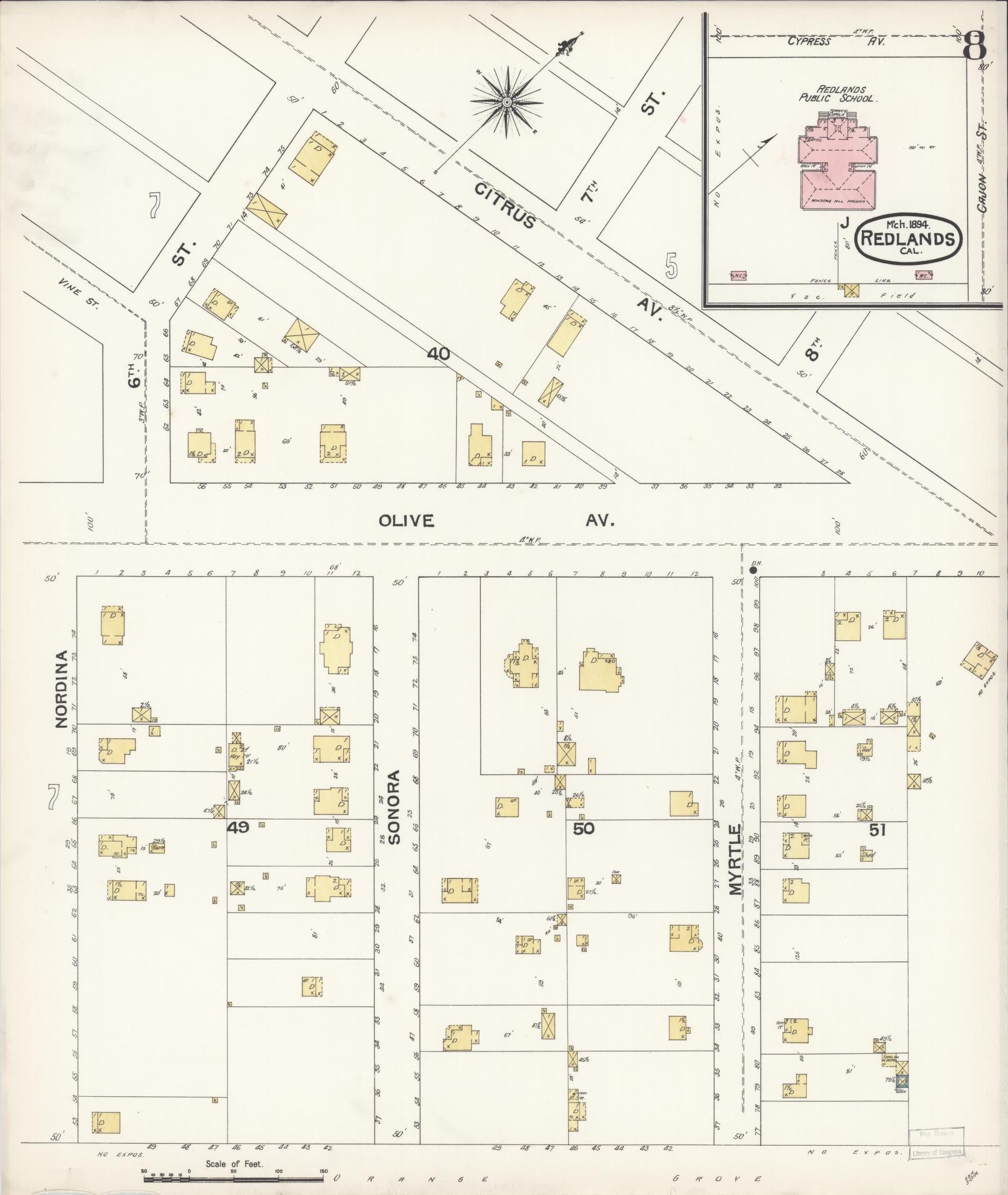Sanborn Fire Insurance Map from Redlands, San Bernardino County, California (1894), Sheet #0008 - Complete Map Set gallery image, historic Sanborn map, vintage wall art, California California