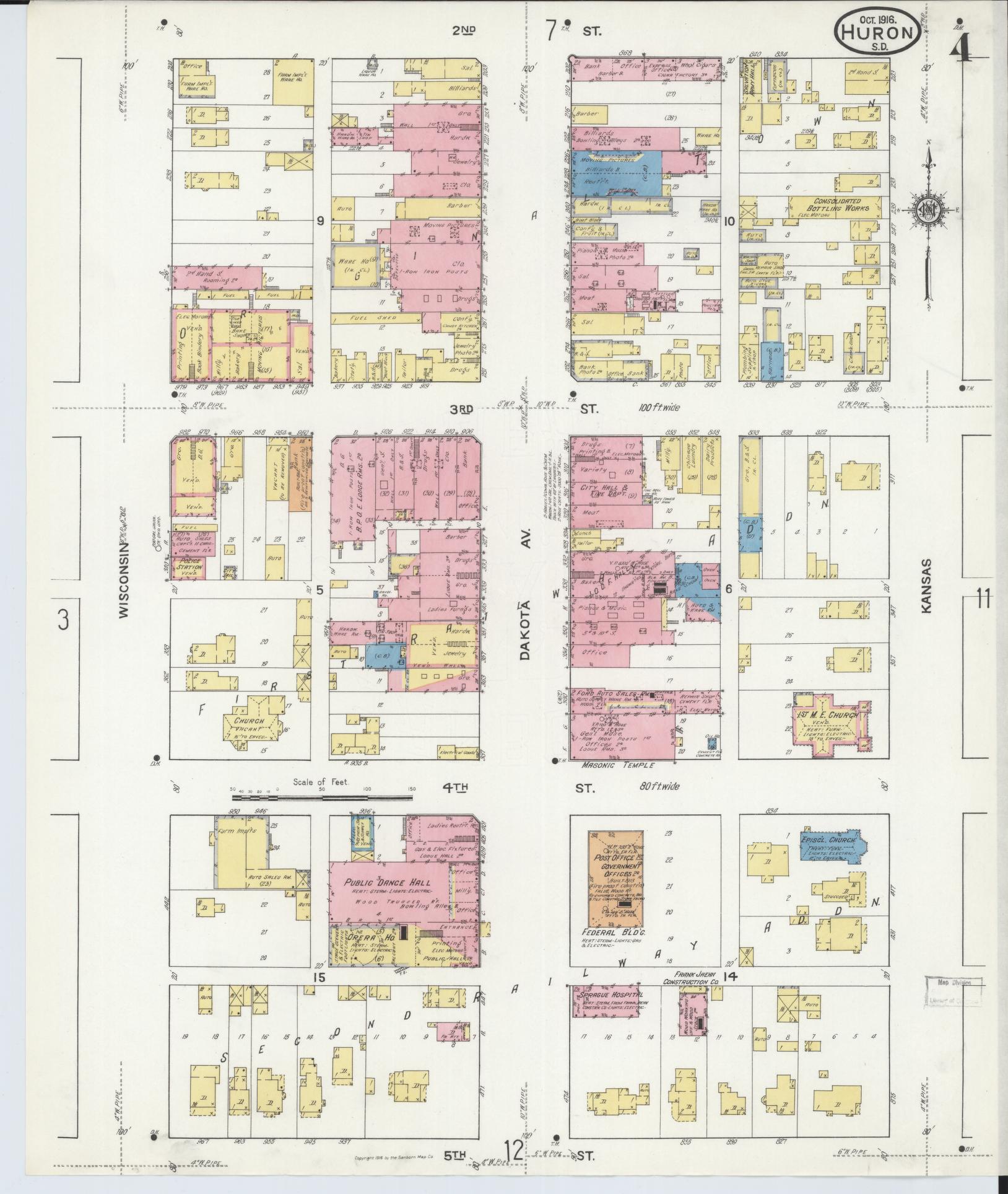 Sanborn Fire Insurance Map from Huron, Beadle County, South Dakota (1916), Sheet #0004 - Historic Sanborn Fire Insurance Map Print, vintage old map wall art, antique decor, genealogy gift, South Dakota South Dakota map