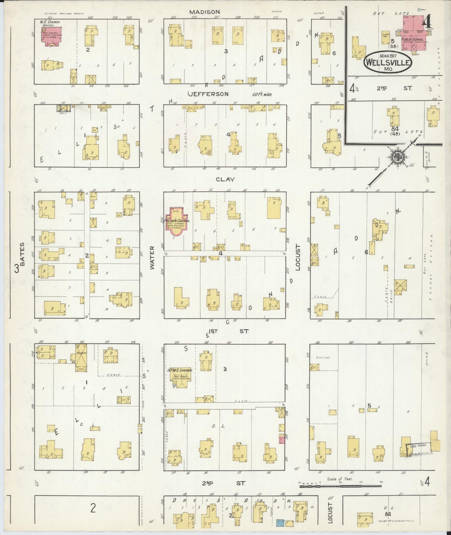 Sanborn Fire Insurance Map from Wellsville, Montgomery County, Missouri (1917), Sheet #0004 - Historic Sanborn Fire Insurance Map Print, vintage old map wall art, antique decor, genealogy gift, Missouri Missouri map