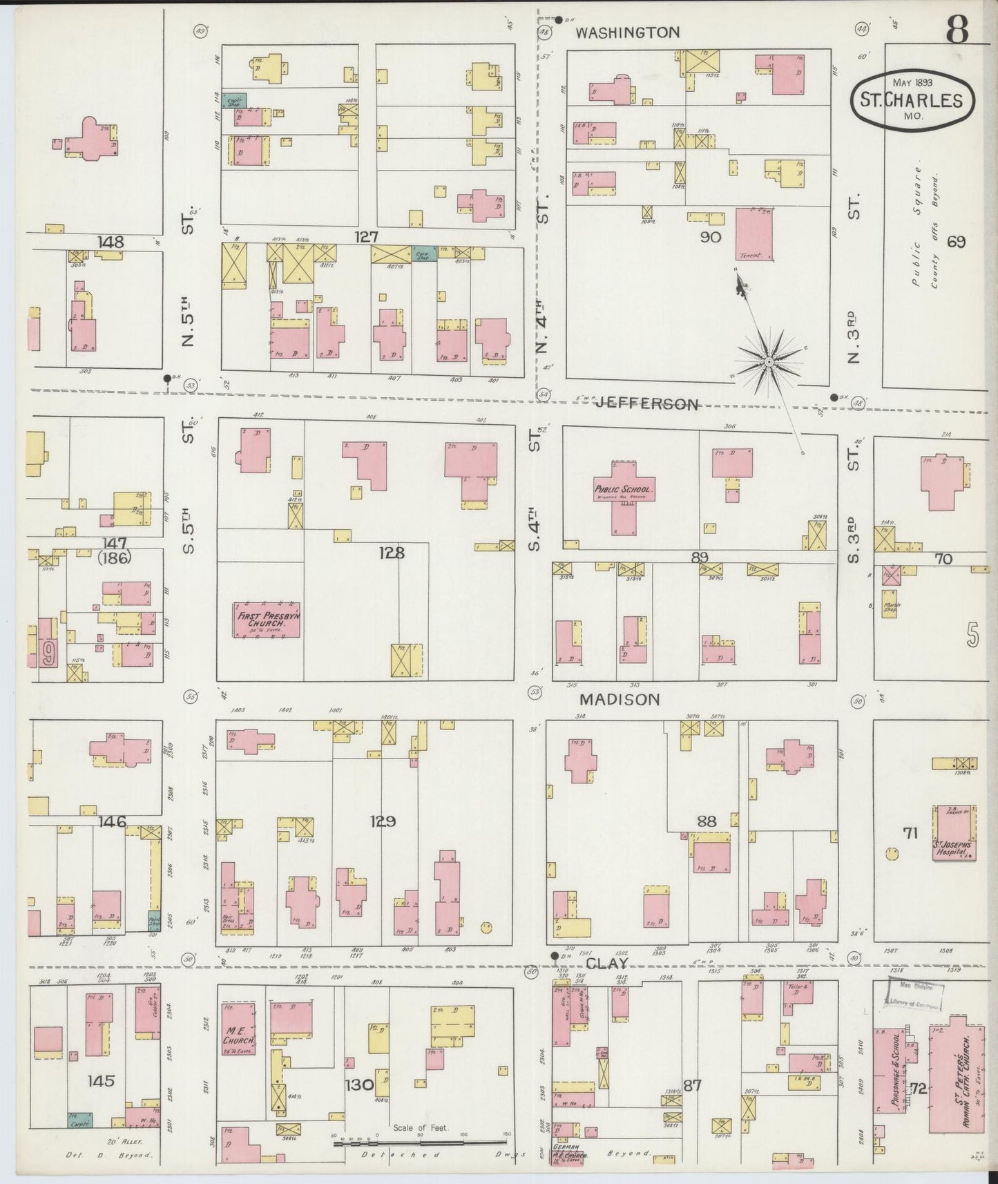 Sanborn Fire Insurance Map from Saint Charles, Saint Charles County, Missouri (1893), Sheet #0008 - Historic Sanborn Fire Insurance Map Print, vintage old map wall art, antique decor, genealogy gift, Missouri Missouri map
