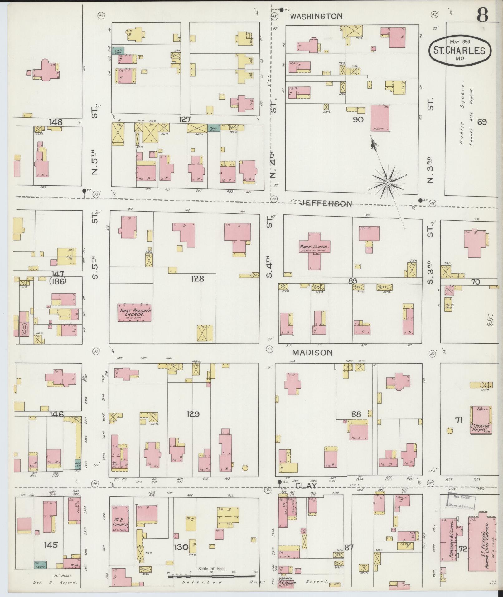 Sanborn Fire Insurance Map from Saint Charles, Saint Charles County, Missouri (1893), Sheet #0008 - Historic Sanborn Fire Insurance Map Print, vintage old map wall art, antique decor, genealogy gift, Missouri Missouri map
