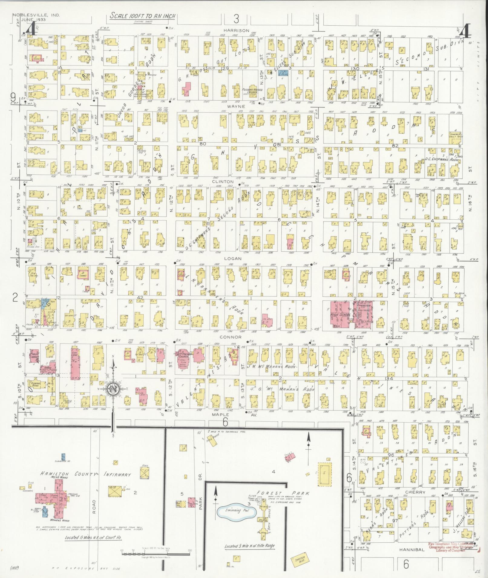 Sanborn Fire Insurance Map from Noblesville, Hamilton County, Indiana (1933), Sheet #0004 - Complete Map Set gallery image, historic Sanborn map, vintage wall art, Indiana Indiana