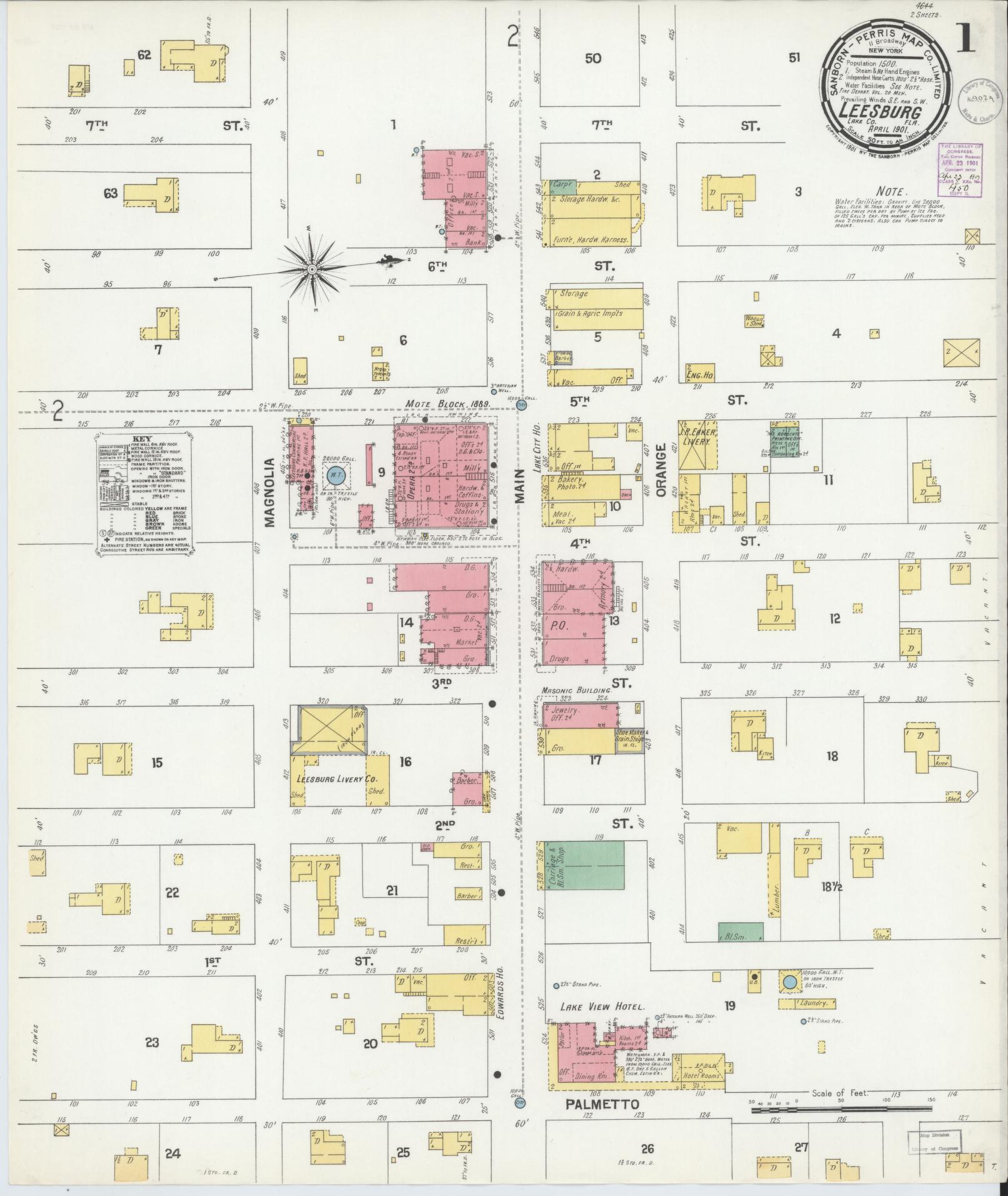 Sanborn Fire Insurance Map from Leesburg, Lake County, Florida (1901), Sheet #0001 - Complete Map Set gallery image, historic Sanborn map, vintage wall art, Florida Florida