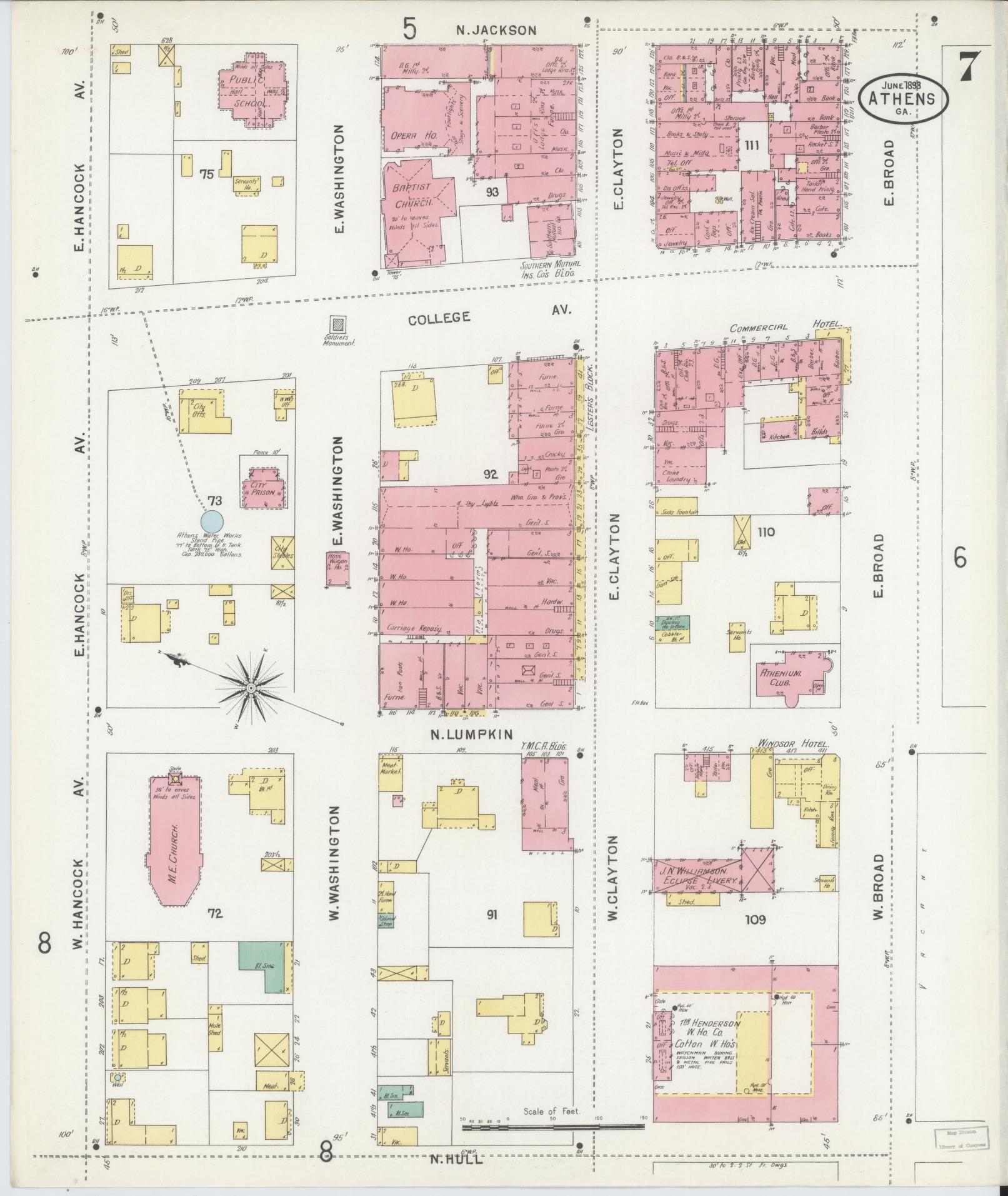 Sanborn Fire Insurance Map from Athens, Clarke County, Georgia (1898), Sheet #0007 - Historic Sanborn Fire Insurance Map Print, vintage old map wall art, antique decor, genealogy gift, Georgia Georgia map