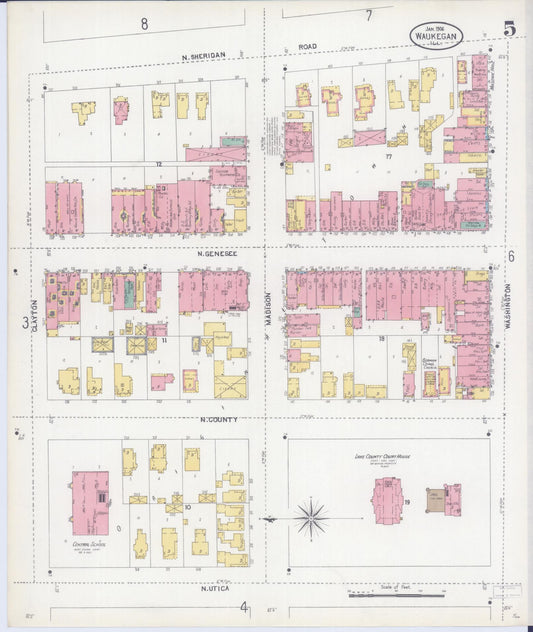 Sanborn Fire Insurance Map from Waukegan, Lake County, Illinois (1906), Sheet #0005 - Historic Sanborn Fire Insurance Map Print, vintage old map wall art, antique decor, genealogy gift, Illinois Illinois map