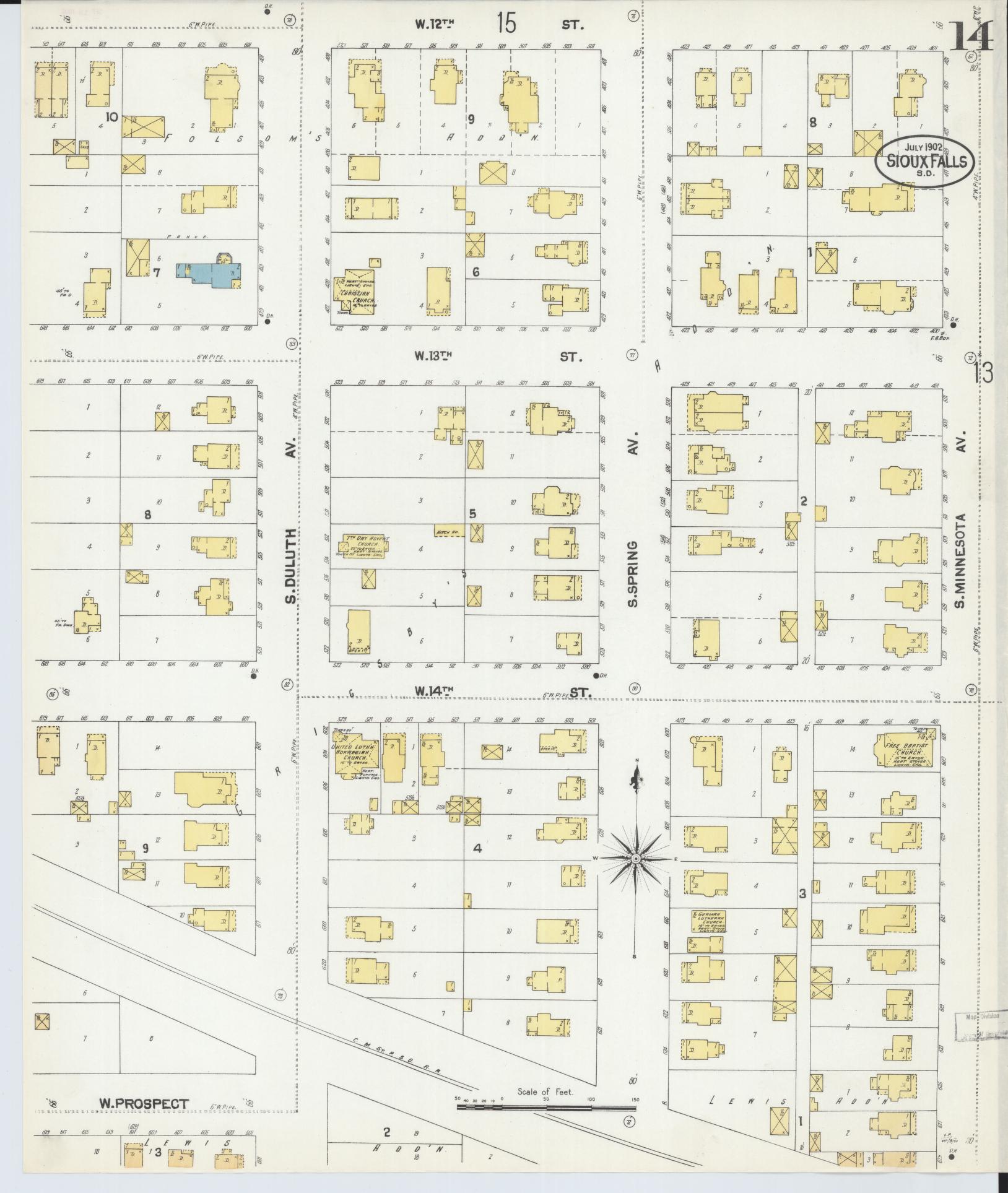 Sanborn Fire Insurance Map from Sioux Falls, Minnehaha County, South Dakota (1902), Sheet #0014 - Complete Map Set gallery image, historic Sanborn map, vintage wall art, South Dakota South Dakota