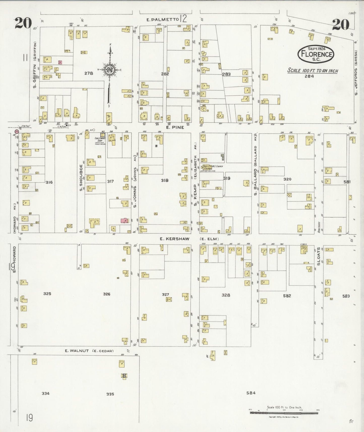 Sanborn Fire Insurance Map from Florence, Florence County, South Carolina (1924), Sheet #0020 - Historic Sanborn Fire Insurance Map Print, vintage old map wall art, antique decor, genealogy gift, South Carolina South Carolina map