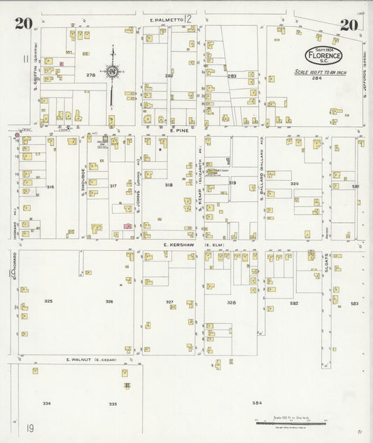 Sanborn Fire Insurance Map from Florence, Florence County, South Carolina (1924), Sheet #0020 - Historic Sanborn Fire Insurance Map Print, vintage old map wall art, antique decor, genealogy gift, South Carolina South Carolina map