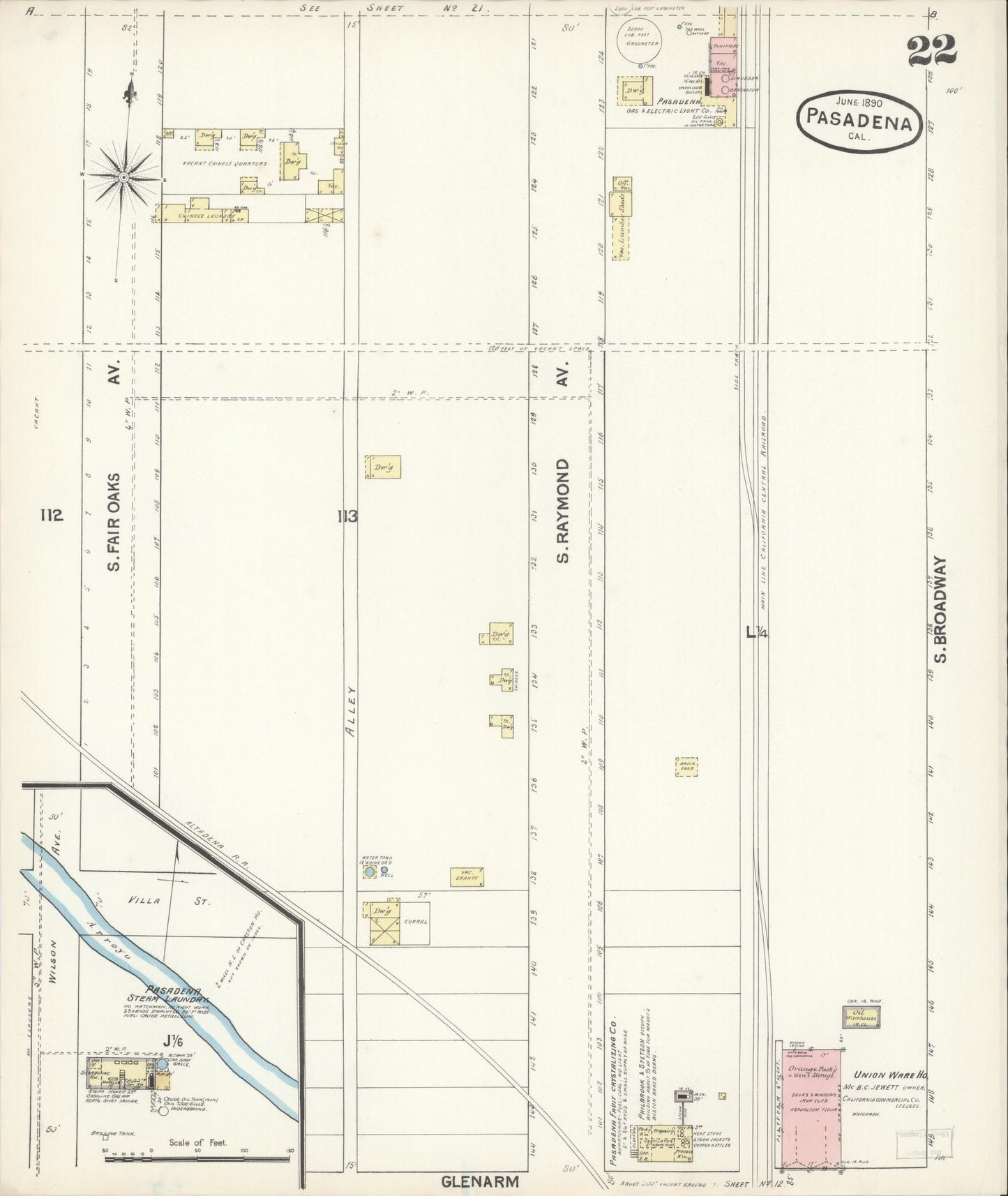 Sanborn Fire Insurance Map from Pasadena, Los Angeles County, California (1890), Sheet #0022 - Complete Map Set gallery image, historic Sanborn map, vintage wall art, California California