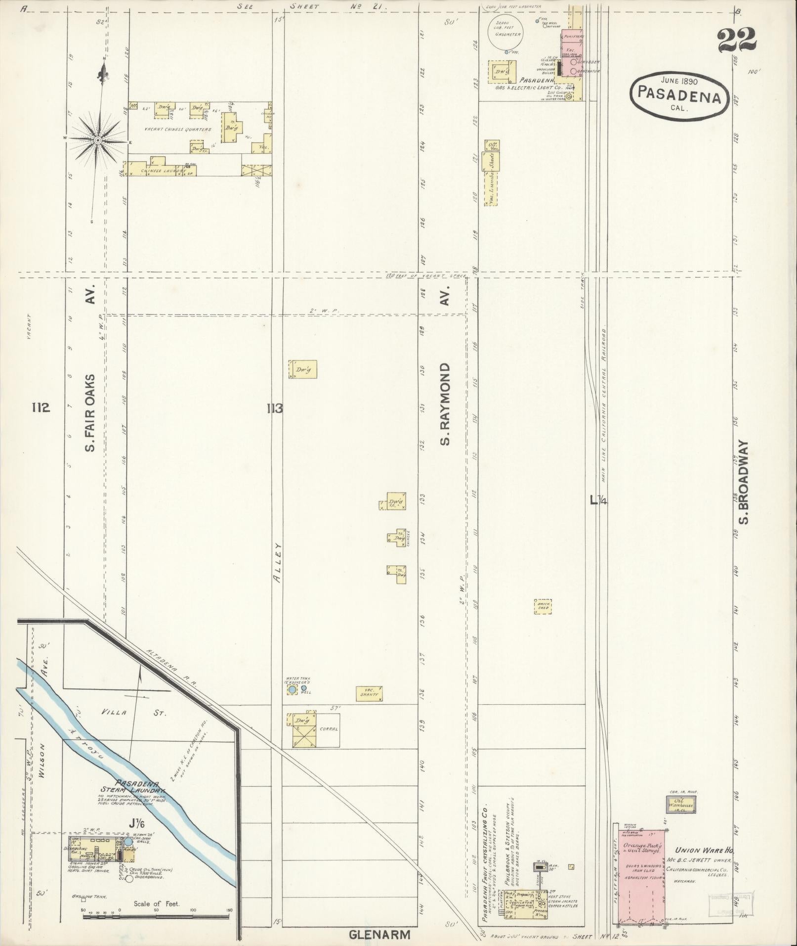 Sanborn Fire Insurance Map from Pasadena, Los Angeles County, California (1890), Sheet #0022 - Complete Map Set gallery image, historic Sanborn map, vintage wall art, California California