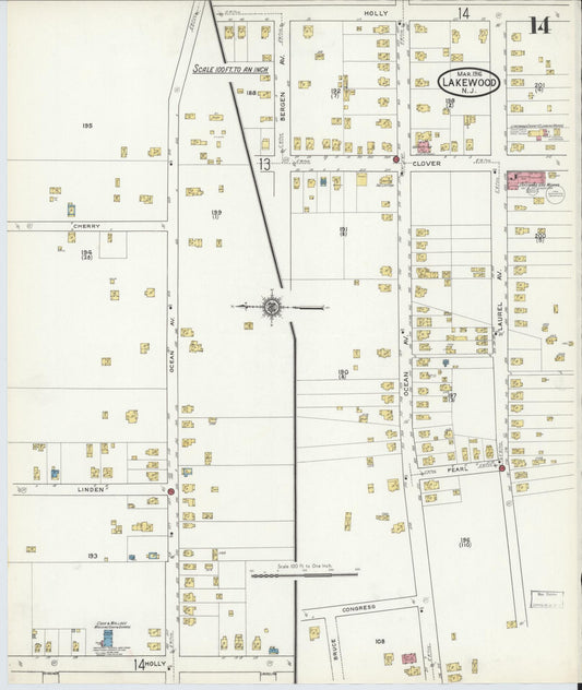 Sanborn Fire Insurance Map from Lakewood, Ocean County, New Jersey (1916), Sheet #0014 - Historic Sanborn Fire Insurance Map Print, vintage old map wall art, antique decor, genealogy gift, New Jersey New Jersey map