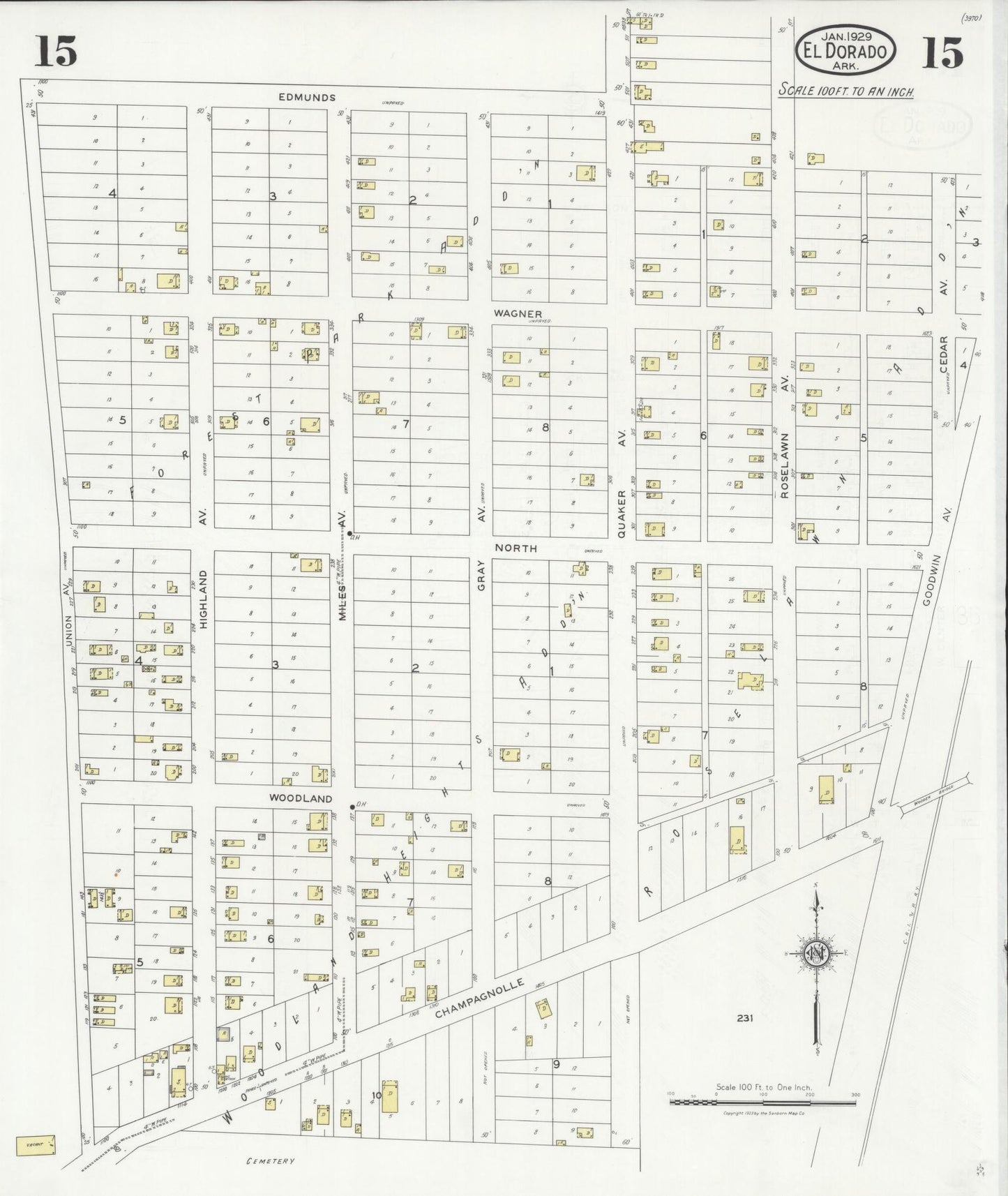 Sanborn Fire Insurance Map from El Dorado, Union County, Arkansas (1929), Sheet #0015 - Complete Map Set gallery image, historic Sanborn map, vintage wall art, Arkansas Arkansas