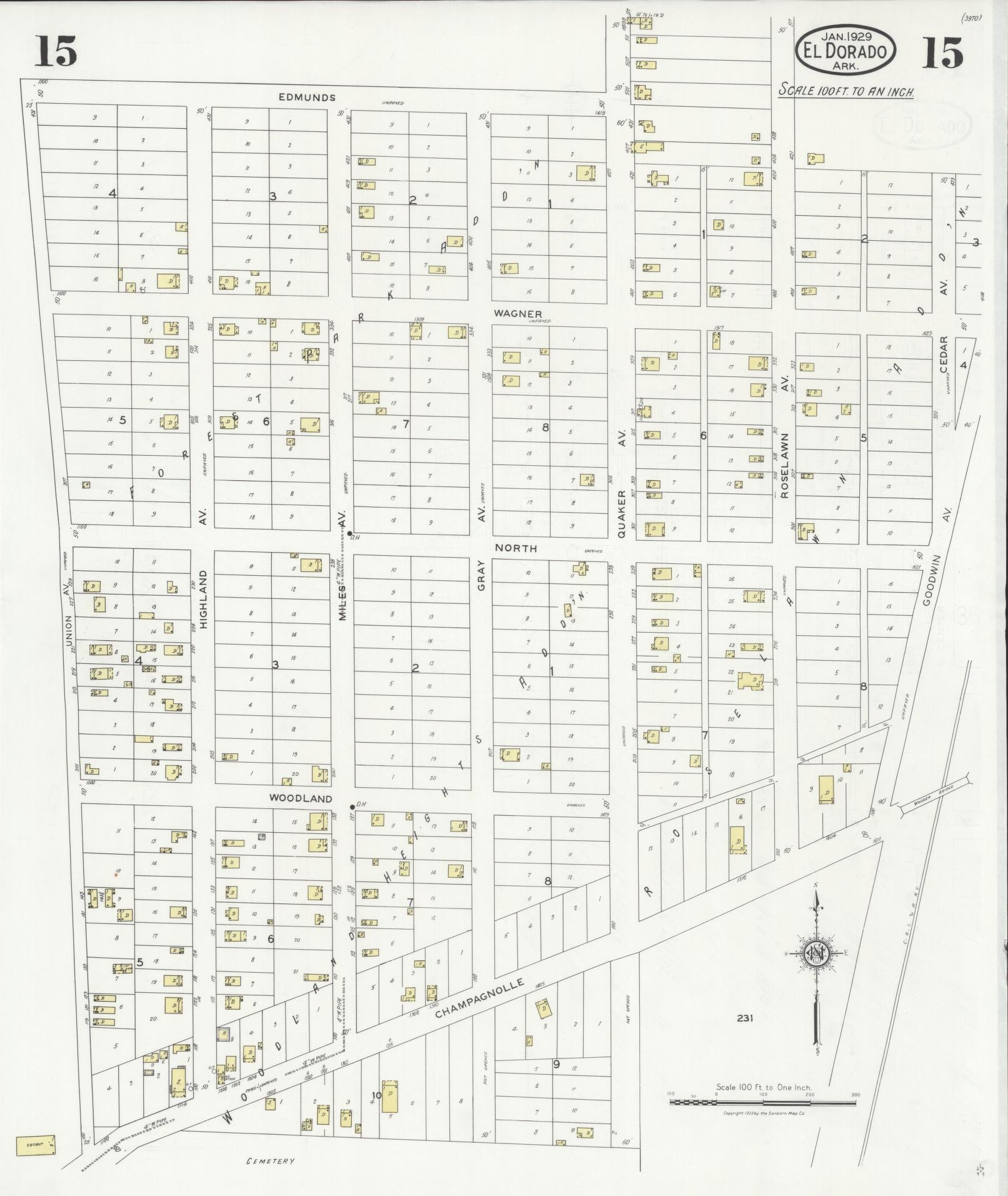 Sanborn Fire Insurance Map from El Dorado, Union County, Arkansas (1929), Sheet #0015 - Complete Map Set gallery image, historic Sanborn map, vintage wall art, Arkansas Arkansas