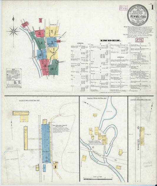 Sanborn Fire Insurance Map from New Milford, Litchfield County, Connecticut (1909), Sheet #0001 - Historic Sanborn Fire Insurance Map Print, vintage old map wall art, antique decor, genealogy gift, Connecticut Connecticut map