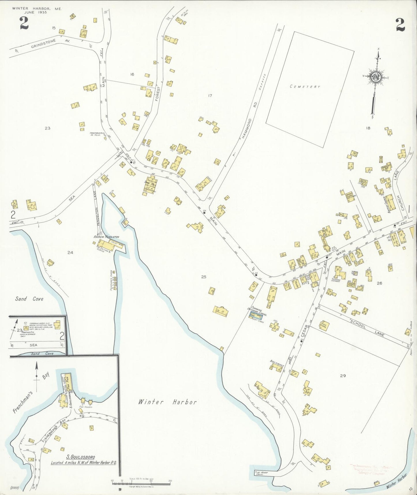 Sanborn Fire Insurance Map from Winter Harbor, Hancock County, Maine (1935), Sheet #0002 - Complete Map Set gallery image, historic Sanborn map, vintage wall art, Maine Maine