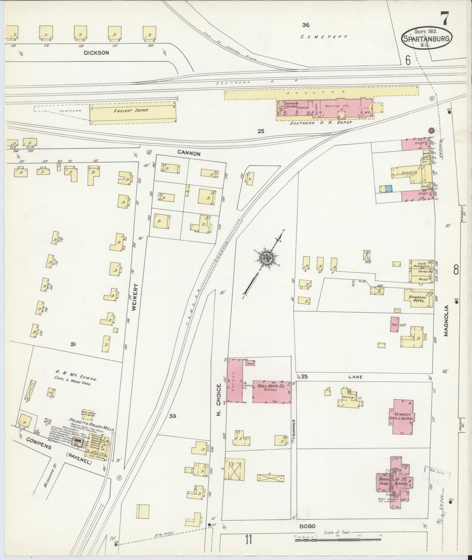 Sanborn Fire Insurance Map from Spartanburg, Spartanburg County, South Carolina (1912), Sheet #0007 - Complete Map Set gallery image, historic Sanborn map, vintage wall art, South Carolina South Carolina