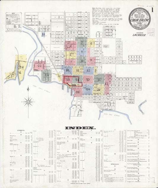 Sanborn Fire Insurance Map from Coeur D'alene, Kootenai County, Idaho (1908), Sheet #0001 - Historic Sanborn Fire Insurance Map Print, vintage old map wall art, antique decor, genealogy gift, Idaho Idaho map