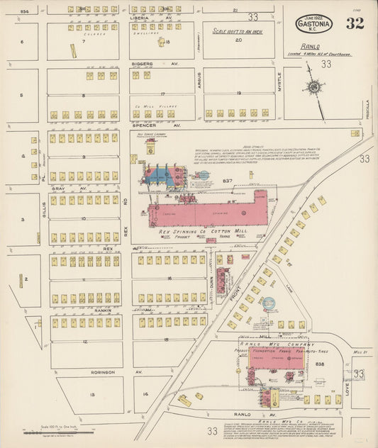 Sanborn Fire Insurance Map from Gastonia, Gaston County, North Carolina (1922), Sheet #0032 - Historic Sanborn Fire Insurance Map Print, vintage old map wall art, antique decor, genealogy gift, North Carolina North Carolina map