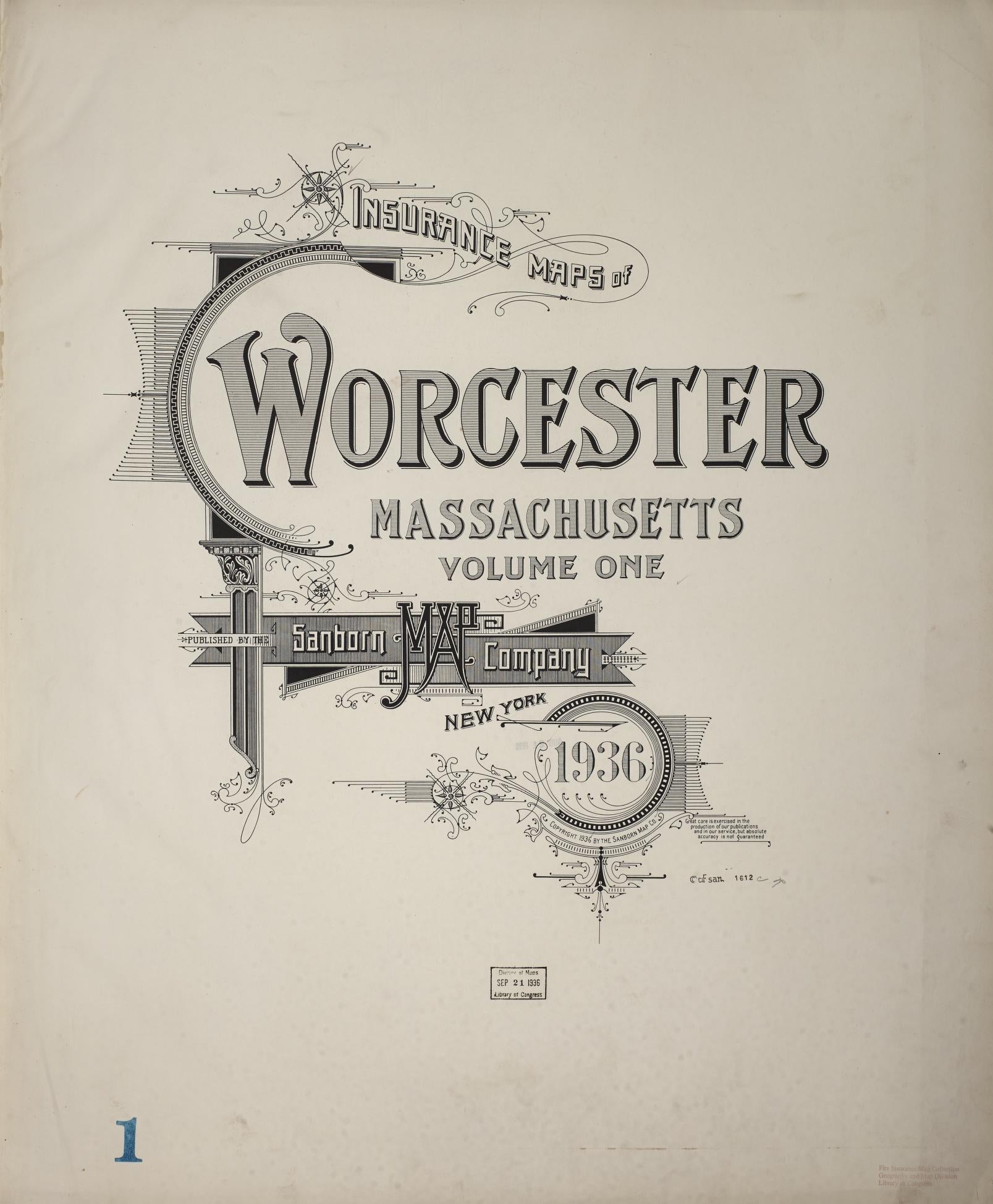 Sanborn Fire Insurance Map from Worcester, Worcester County, Massachusetts (1936), Sheet #0001 - Historic Sanborn Fire Insurance Map Print, vintage old map wall art, antique decor, genealogy gift, Massachusetts Massachusetts map