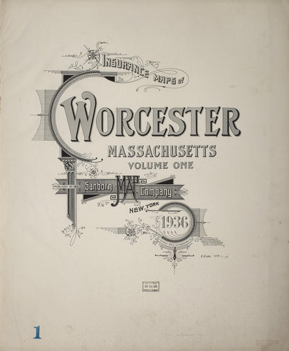 Sanborn Fire Insurance Map from Worcester, Worcester County, Massachusetts (1936), Sheet #0001 - Historic Sanborn Fire Insurance Map Print, vintage old map wall art, antique decor, genealogy gift, Massachusetts Massachusetts map