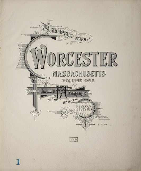 Sanborn Fire Insurance Map from Worcester, Worcester County, Massachusetts (1936), Sheet #0001 - Historic Sanborn Fire Insurance Map Print, vintage old map wall art, antique decor, genealogy gift, Massachusetts Massachusetts map