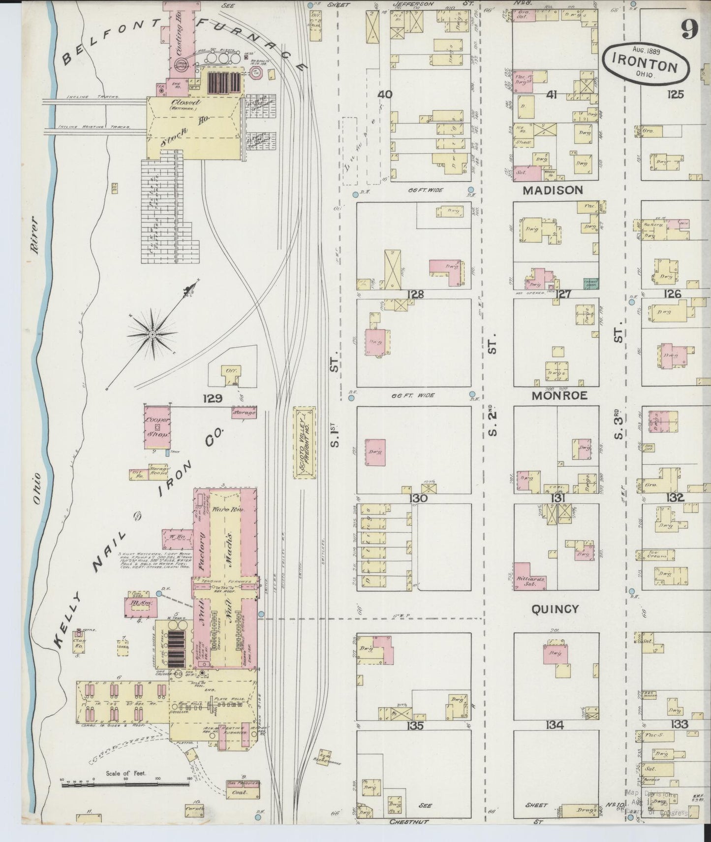 Sanborn Fire Insurance Map from Ironton, Lawrence County, Ohio (1889), Sheet #0009 - Historic Sanborn Fire Insurance Map Print, vintage old map wall art, antique decor, genealogy gift, Ohio Ohio map