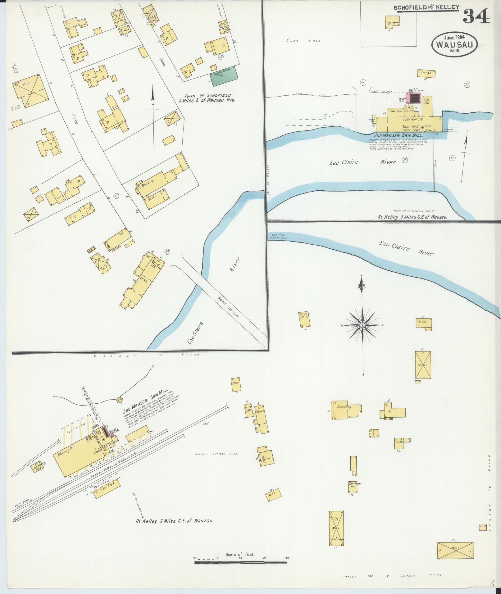 Sanborn Fire Insurance Map from Wausau, Marathon County, Wisconsin (1904), Sheet #0034 - Historic Sanborn Fire Insurance Map Print, vintage old map wall art, antique decor, genealogy gift, Wisconsin Wisconsin map