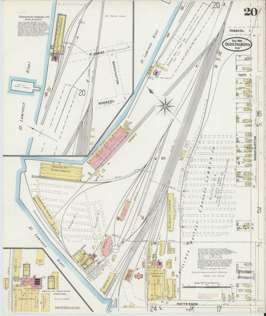 Sanborn Fire Insurance Map from Ogdensburg, St. Lawrence County, New York (1904), Sheet #0020 - Historic Sanborn Fire Insurance Map Print, vintage old map wall art, antique decor, genealogy gift, New York New York map