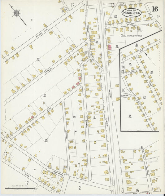 Sanborn Fire Insurance Map from Henderson, Vance County, North Carolina (1917), Sheet #0016 - Historic Sanborn Fire Insurance Map Print, vintage old map wall art, antique decor, genealogy gift, North Carolina North Carolina map