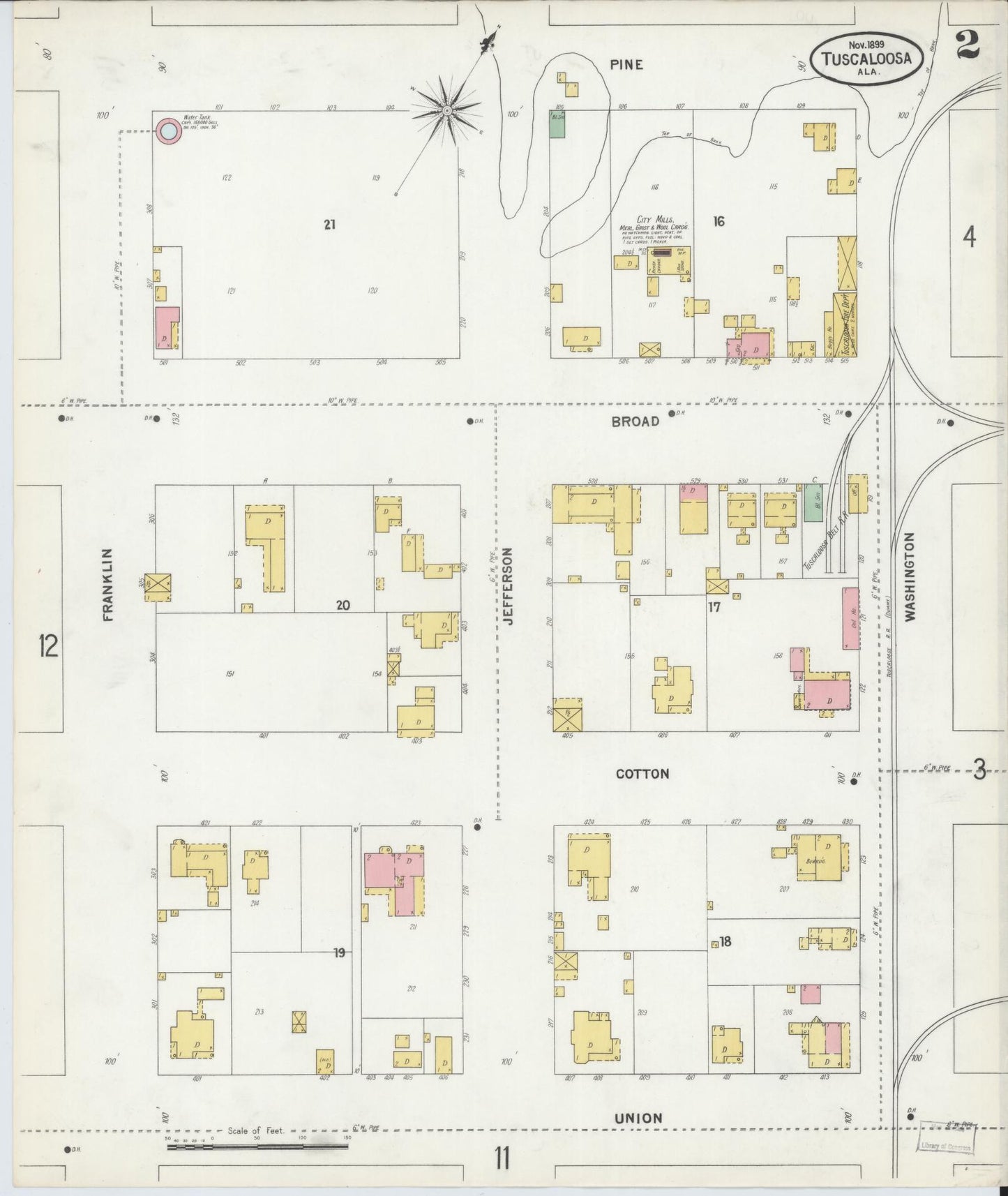 Sanborn Fire Insurance Map from Tuscaloosa, Tuscaloosa County, Alabama (1899), Sheet #0002 - Complete Map Set gallery image, historic Sanborn map, vintage wall art, Alabama Alabama