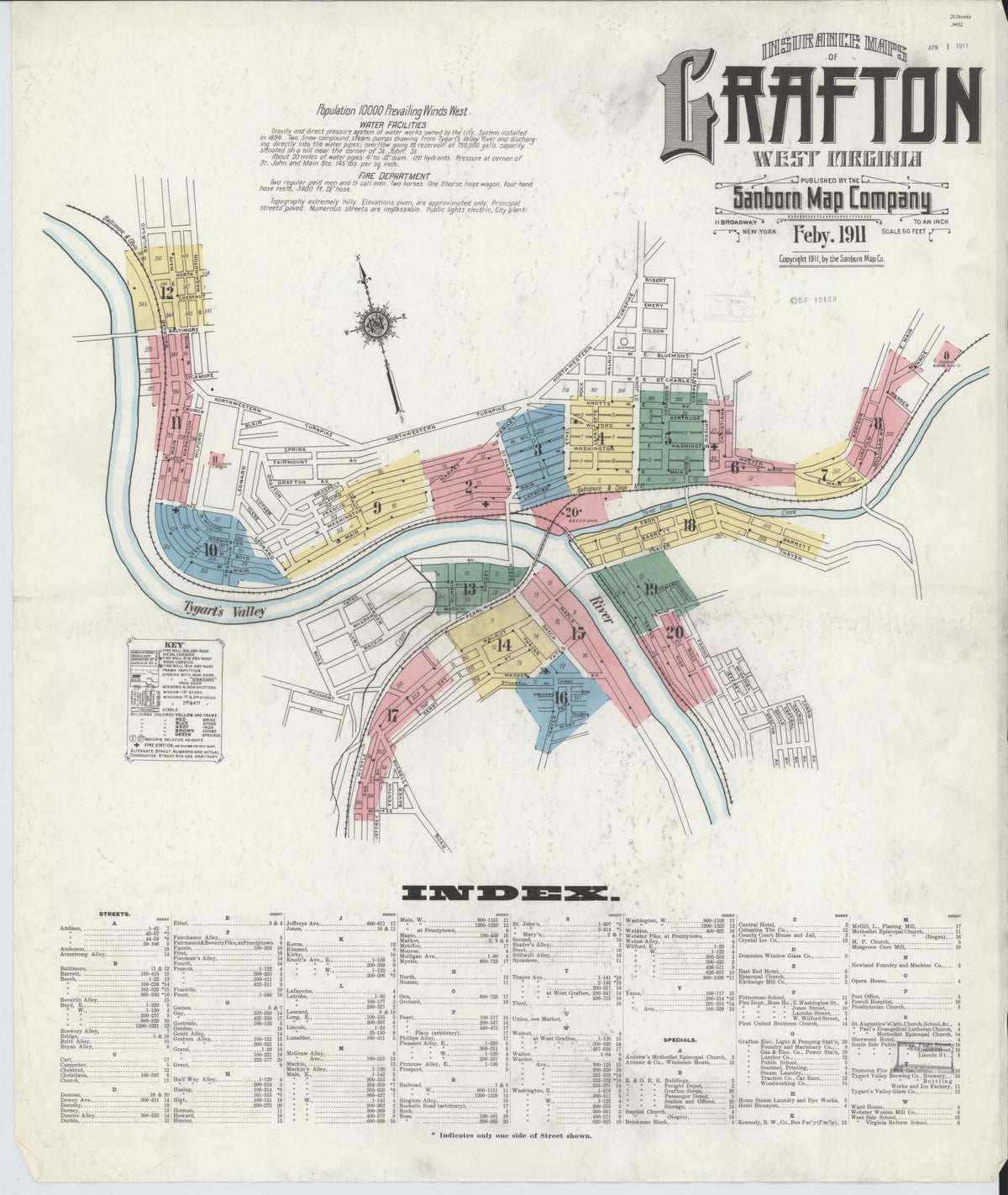 Sanborn Fire Insurance Map from Grafton, Taylor County, West Virginia (1911), Sheet #0001 - Historic Sanborn Fire Insurance Map Print, vintage old map wall art, antique decor, genealogy gift, West Virginia West Virginia map
