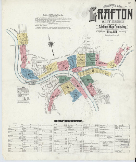 Sanborn Fire Insurance Map from Grafton, Taylor County, West Virginia (1911), Sheet #0001 - Historic Sanborn Fire Insurance Map Print, vintage old map wall art, antique decor, genealogy gift, West Virginia West Virginia map