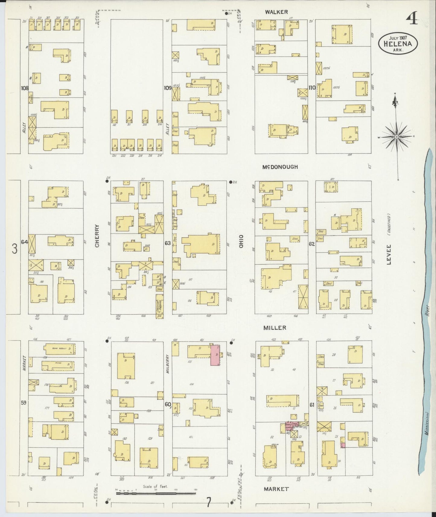 Sanborn Fire Insurance Map from Helena, Phillips County, Arkansas (1907), Sheet #0004 - Historic Sanborn Fire Insurance Map Print, vintage old map wall art, antique decor, genealogy gift, Arkansas Arkansas map