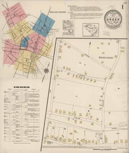 Sanborn Fire Insurance Map from Greer, Greenville and Spartanburg Counties, South Carolina (1922), Sheet #0001 - Complete Map Set gallery image, historic Sanborn map, vintage wall art, South Carolina South Carolina