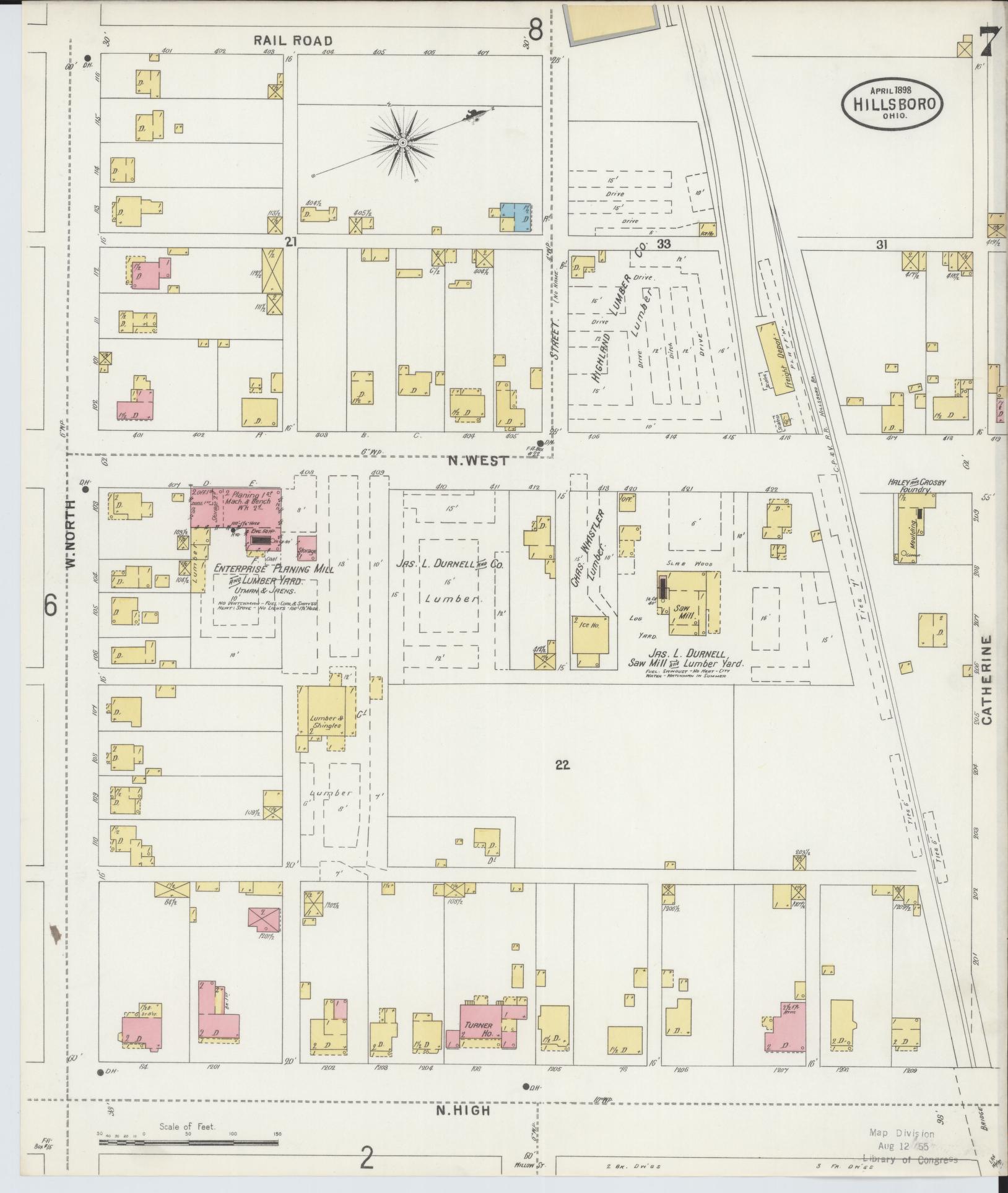 Sanborn Fire Insurance Map from Hillsboro, Highland County, Ohio (1898), Sheet #0007 - Complete Map Set gallery image, historic Sanborn map, vintage wall art, Ohio Ohio