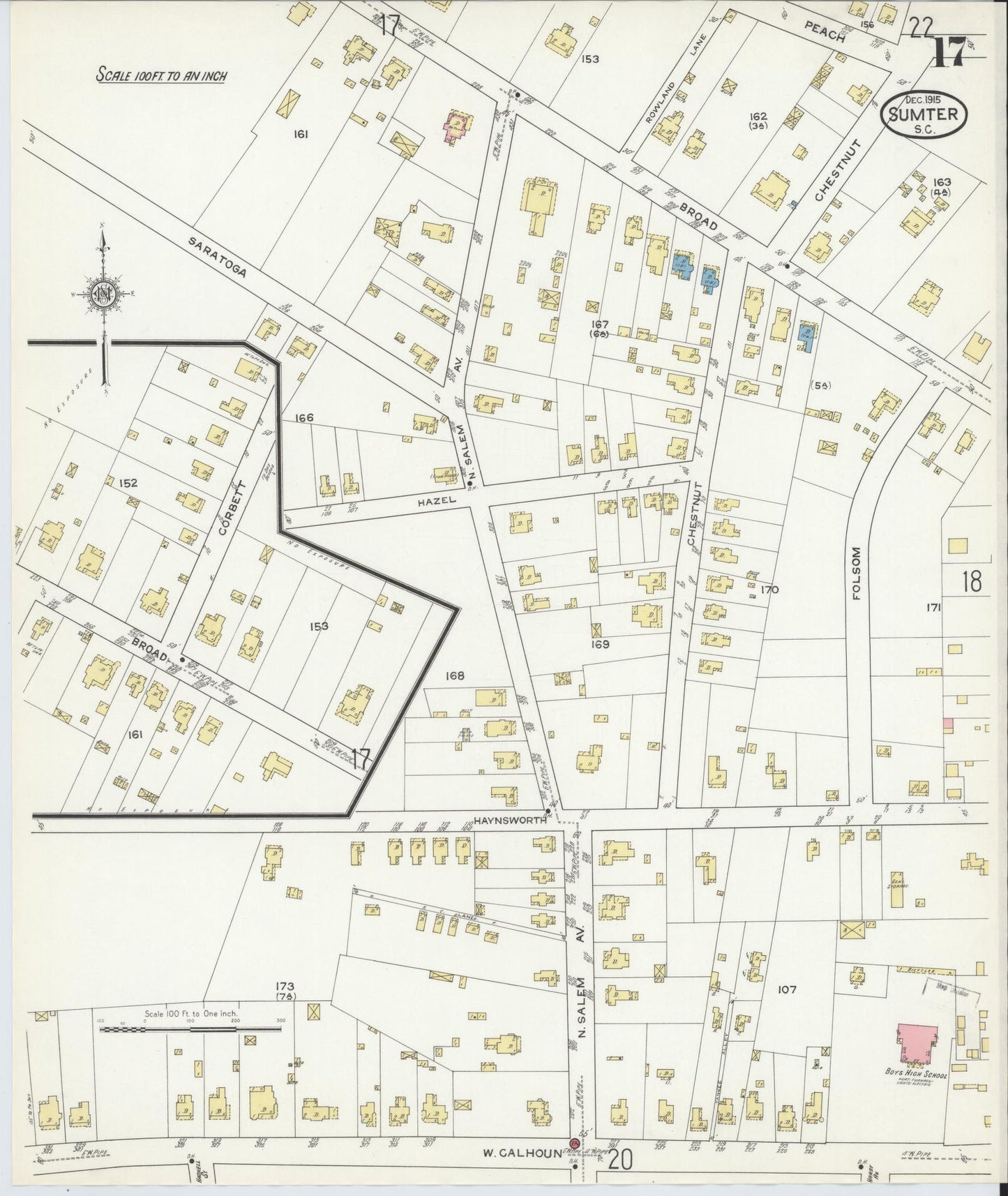 Sanborn Fire Insurance Map from Sumter, Sumter County, South Carolina (1915), Sheet #0017 - Historic Sanborn Fire Insurance Map Print, vintage old map wall art, antique decor, genealogy gift, South Carolina South Carolina map