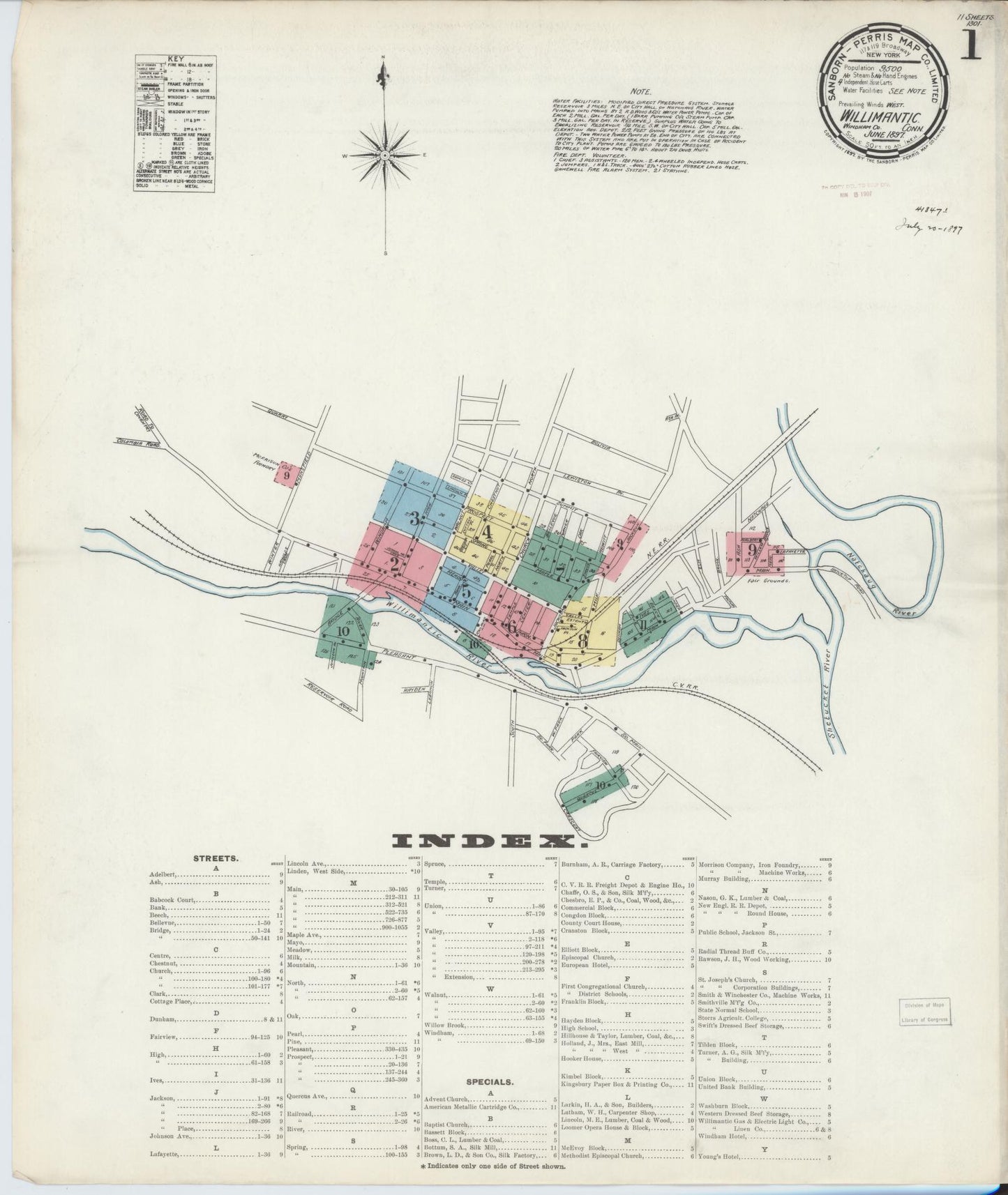 Sanborn Fire Insurance Map from Willimantic, Windham County, Connecticut (1897), Sheet #0001 - Historic Sanborn Fire Insurance Map Print, vintage old map wall art, antique decor, genealogy gift, Connecticut Connecticut map