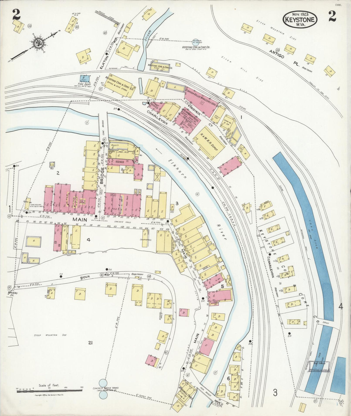 Sanborn Fire Insurance Map from Keystone, Mcdowell County, West Virginia (1923), Sheet #0002 - Complete Map Set gallery image, historic Sanborn map, vintage wall art, West Virginia West Virginia
