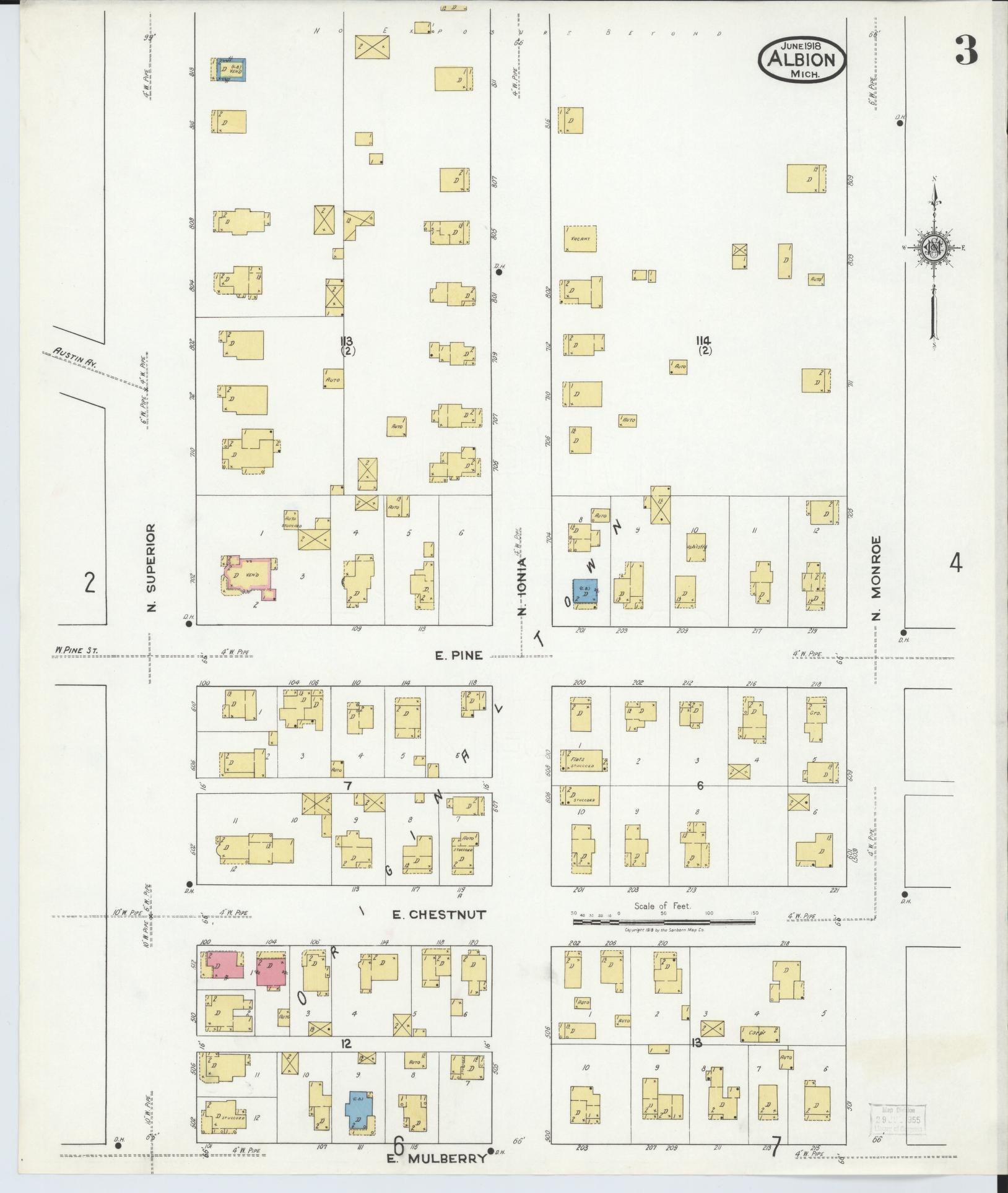 Sanborn Fire Insurance Map from Albion, Calhoun County, Michigan (1918), Sheet #0003 - Complete Map Set gallery image, historic Sanborn map, vintage wall art, Michigan Michigan