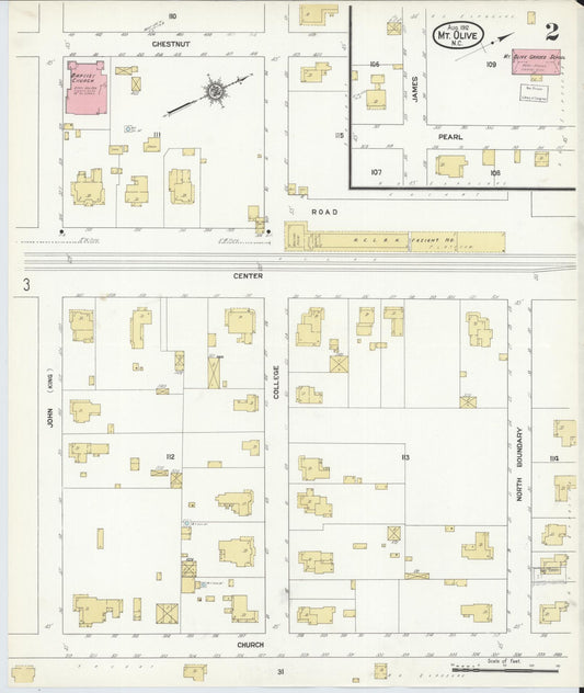 Sanborn Fire Insurance Map from Mount Olive, Wayne County, North Carolina (1912), Sheet #0002 - Historic Sanborn Fire Insurance Map Print, vintage old map wall art, antique decor, genealogy gift, North Carolina North Carolina map