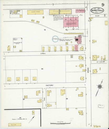 Sanborn Fire Insurance Map from Bennettsville, Marlboro County, South Carolina (1920), Sheet #0009 - Complete Map Set gallery image, historic Sanborn map, vintage wall art, South Carolina South Carolina