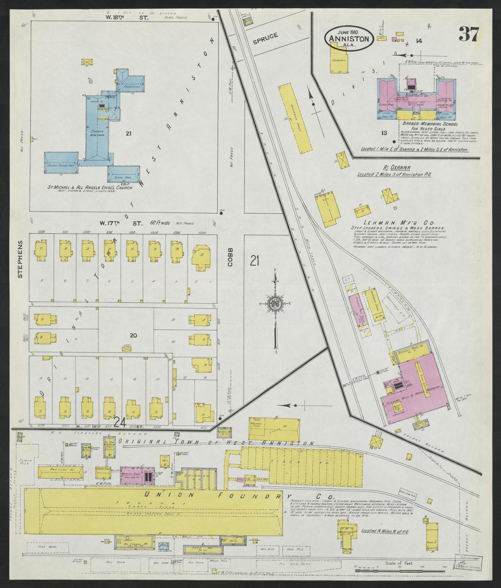 Sanborn Fire Insurance Map from Anniston, Calhoun County, Alabama (1910), Sheet #0037 - Historic Sanborn Fire Insurance Map Print, vintage old map wall art, antique decor, genealogy gift, Alabama Alabama map