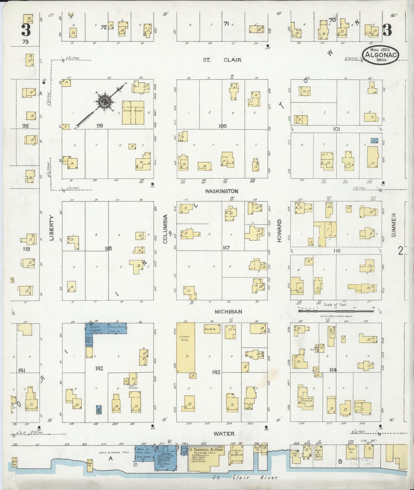 Sanborn Fire Insurance Map from Algonac, Saint Clair County, Michigan (1924), Sheet #0003 - Complete Map Set gallery image, historic Sanborn map, vintage wall art, Michigan Michigan